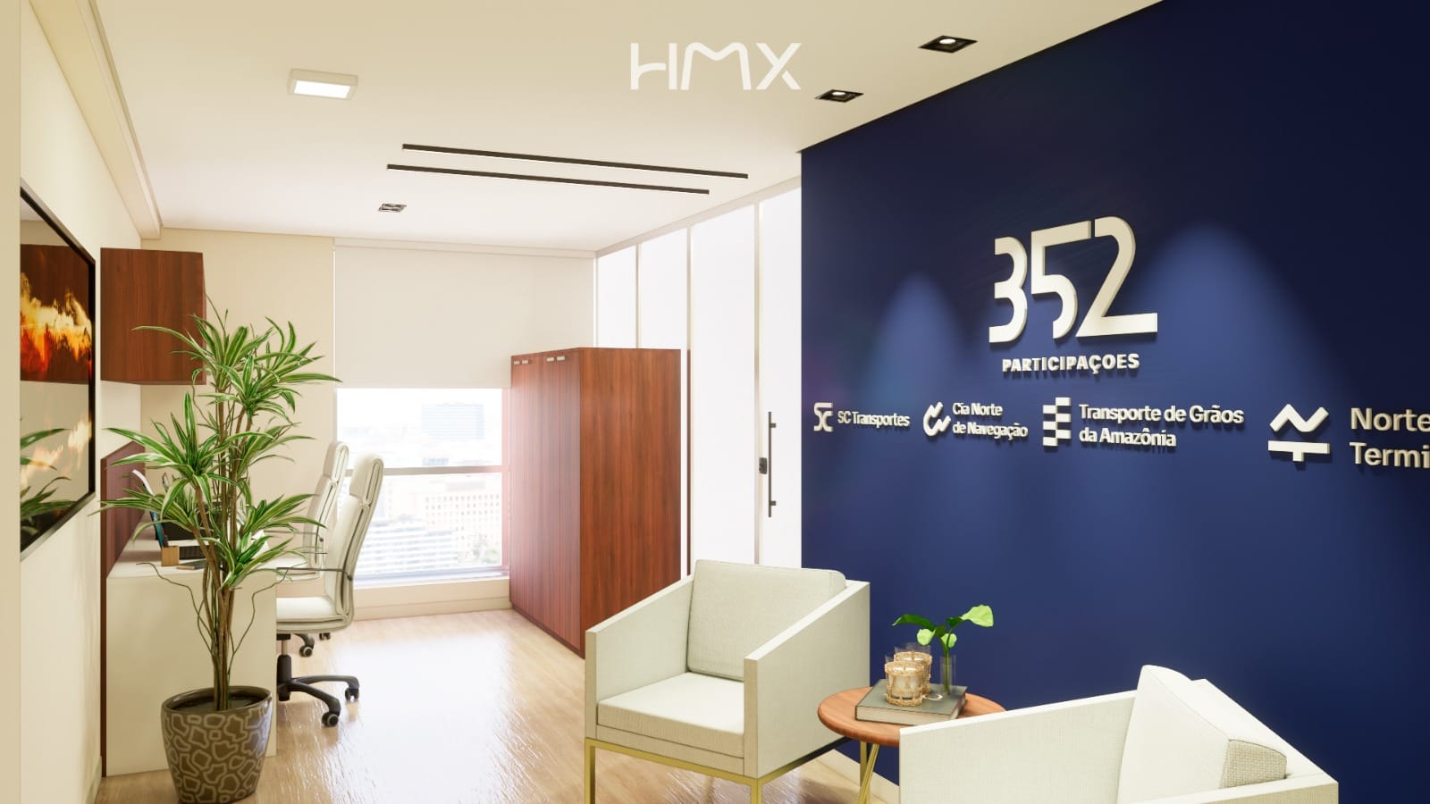 Recepção da 352 Participações com parede azul-marinho, numeral 352 em letras caixa metálicas e as quatro empresas do grupo alinhadas abaixo.