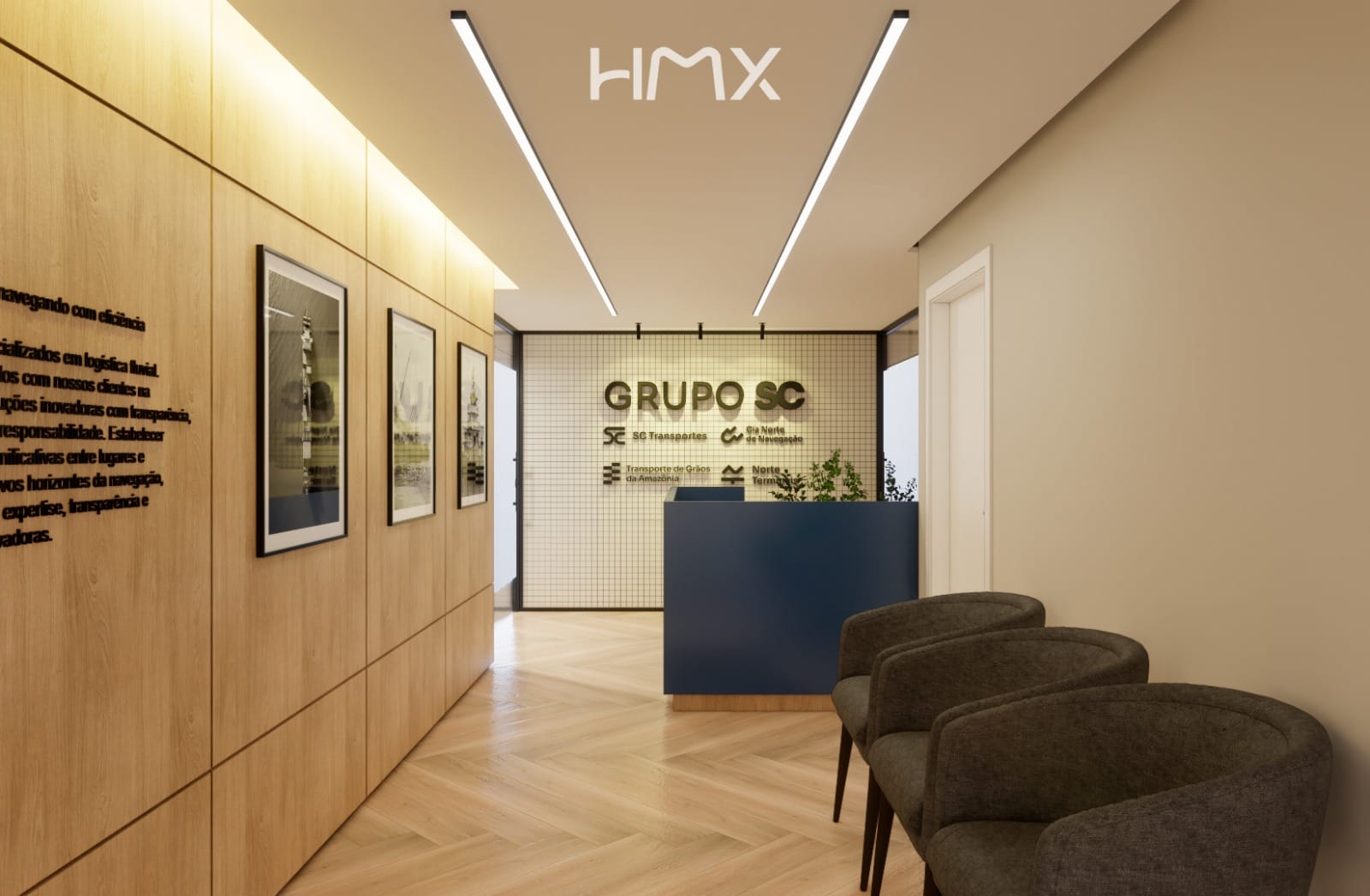 Recepção do Grupo SC, projeto da HMX, com corredor de marcenaria clara e painel com o logo do grupo e das quatro empresas atrás do balcão.