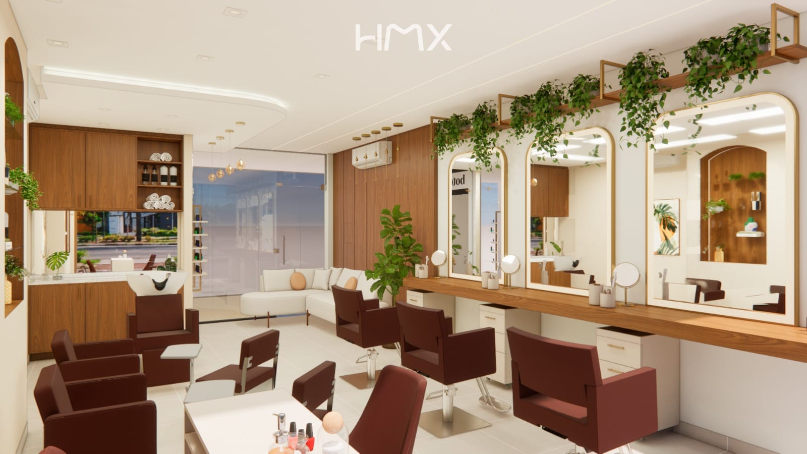 Vista ampla de um salão de beleza projetado pela HMX, com lounge de espera ao fundo e a fileira de estações à direita.